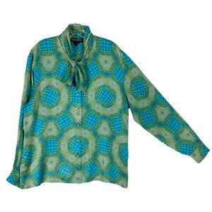 ESCADA Blouse 44/L Vintage Green-Blue Geo-Print Silk Tie-Bow Golden-Buttons